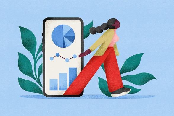 Een tekening van een smartphone waarop webstatistieken te zien zijn, en een vrouw die uit het scherm stapt - weg van de webstatistieken.