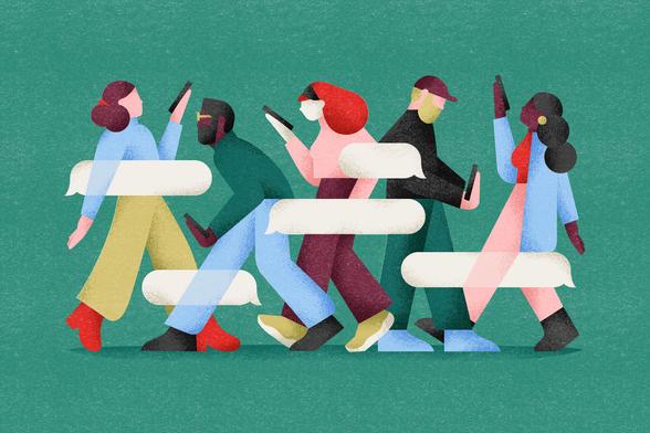 Illustratie gemaakt door Lobke van Aar. Meerdere mensen lopen met hun telefoon, zijn niet met elkaar in gesprek en zijn omringd door tekst wolkjes.