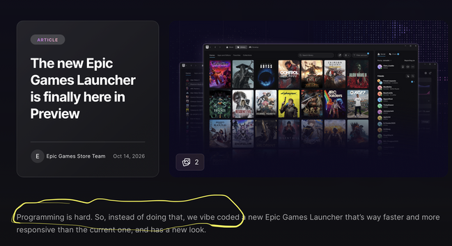 Epic Games Launcher is now "vibe coded" because "programming is hard"